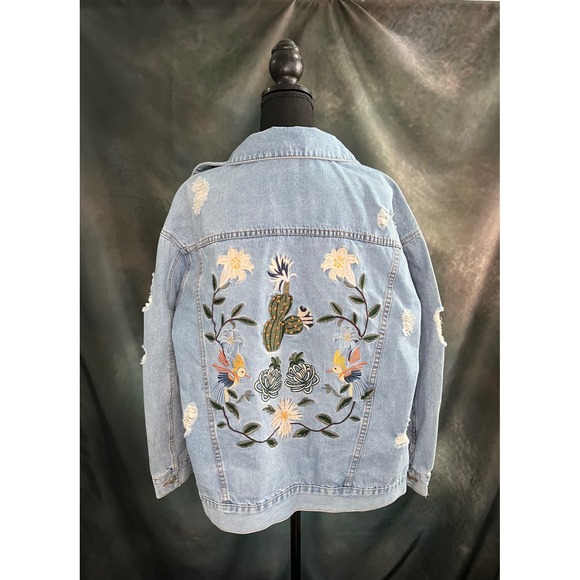 La Chapelle Denim Jacket Embroidered Cactus Bird Distressed Women's - Picture 1 of 6